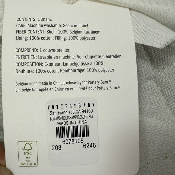 Pottery Barn Belgian Flax Linen Sham EURO  Diamond Quilted Pillow‎ Soft Gray NEW - Picture 2 of 5